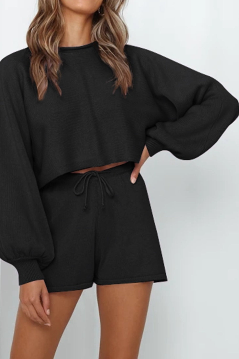 “The Lounge Around” Round Neck Long Sleeve Top and Drawstring Shorts Lounge Set