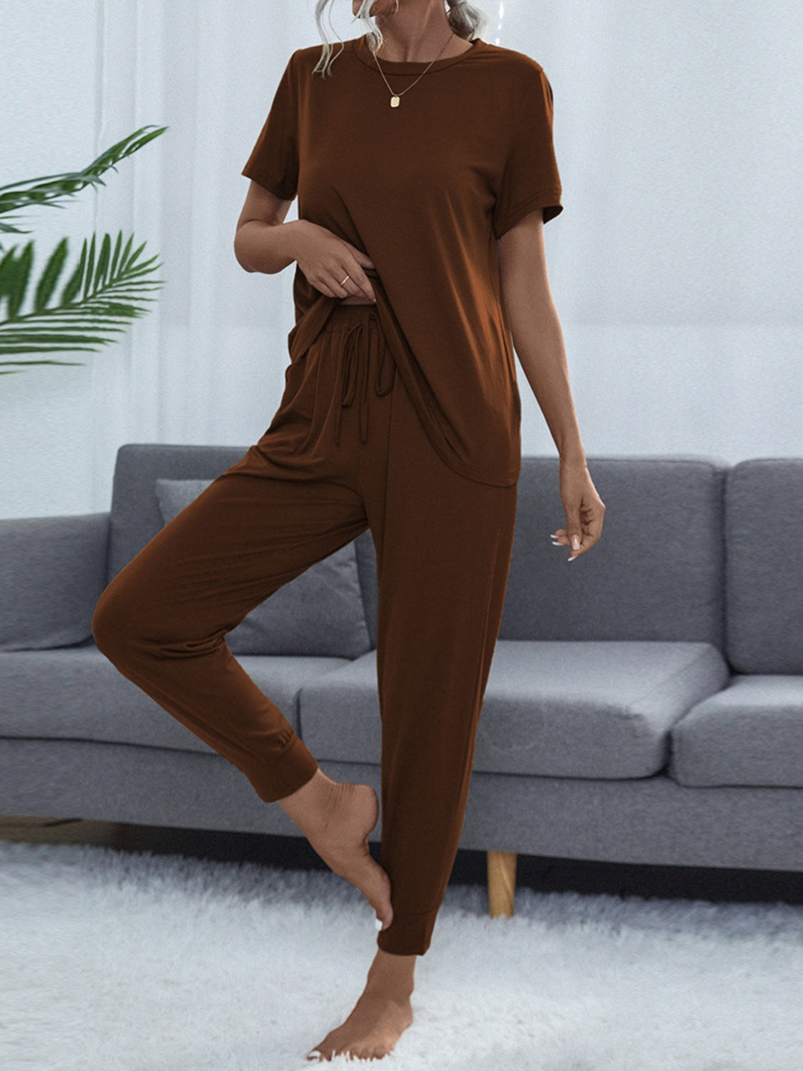 “The Lets Chill” Round Neck Top and Pants Lounge Set