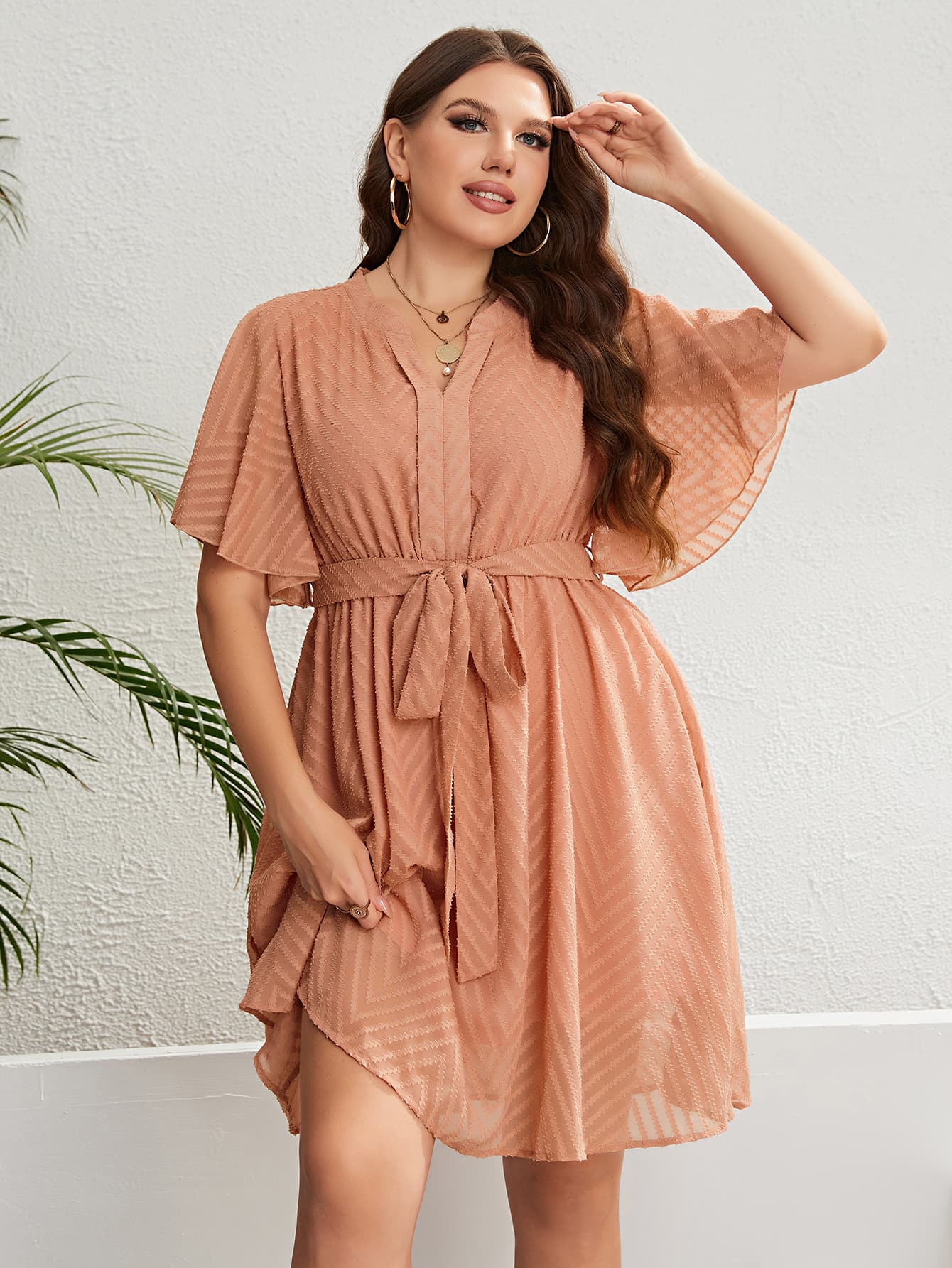 “The Blushed Beauty” Plus Size Tie Waist Notched Neck Flutter Sleeve Dress
