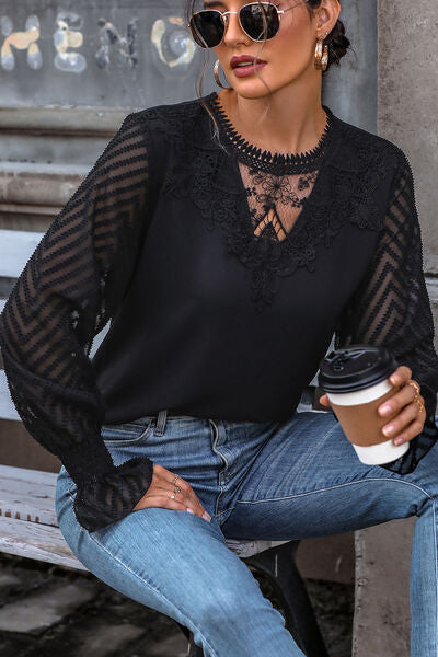 The Breakthrough Lace Detail Smocked Flounce Sleeve Blouse