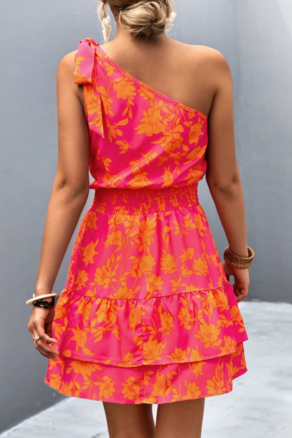 “The Tiered Jerker” Tied Smocked Printed Single Shoulder Dress
