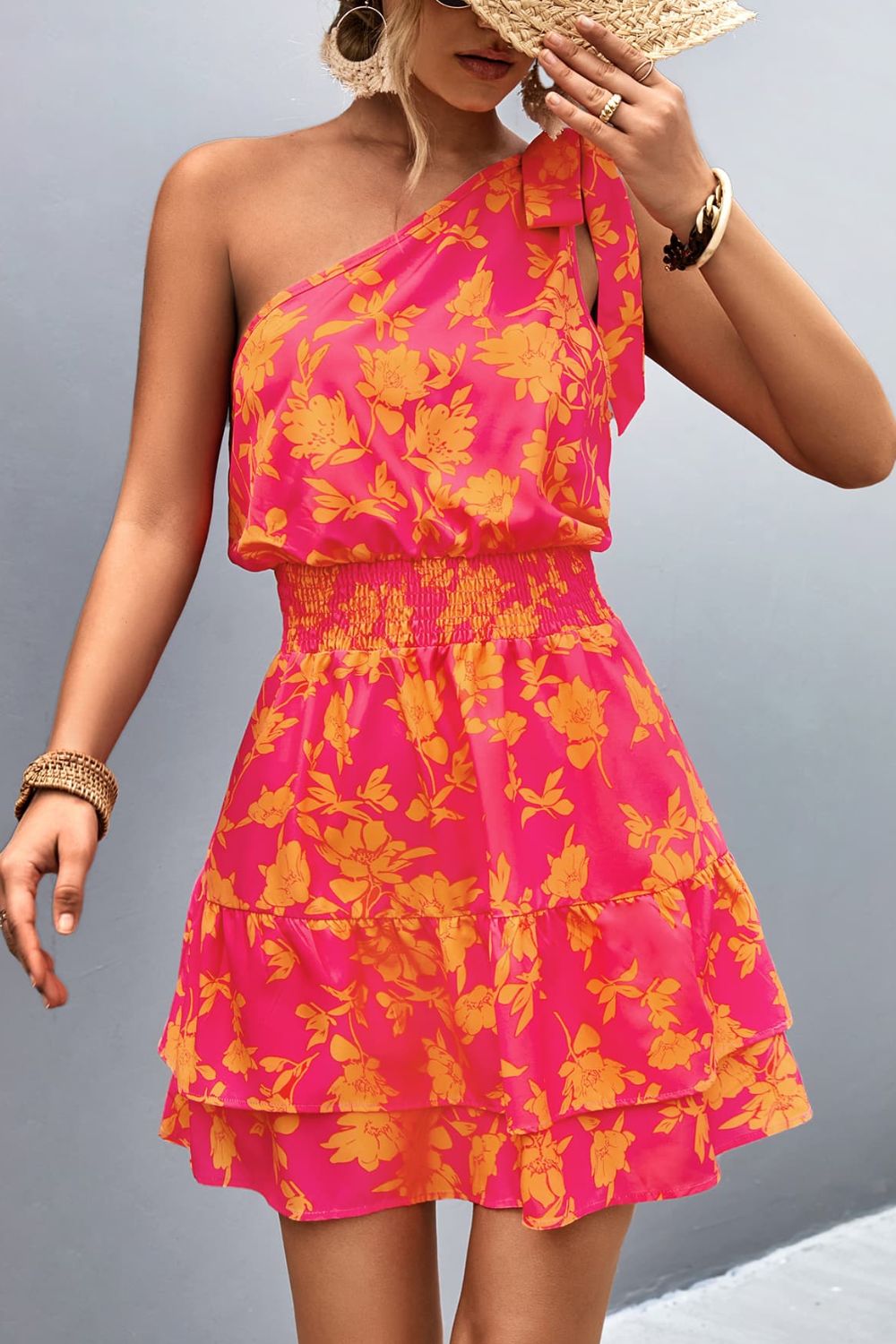 “The Tiered Jerker” Tied Smocked Printed Single Shoulder Dress