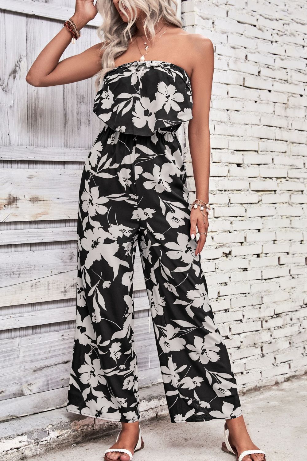 “The There She Goes” Floral Strapless Wide Leg Jumpsuit