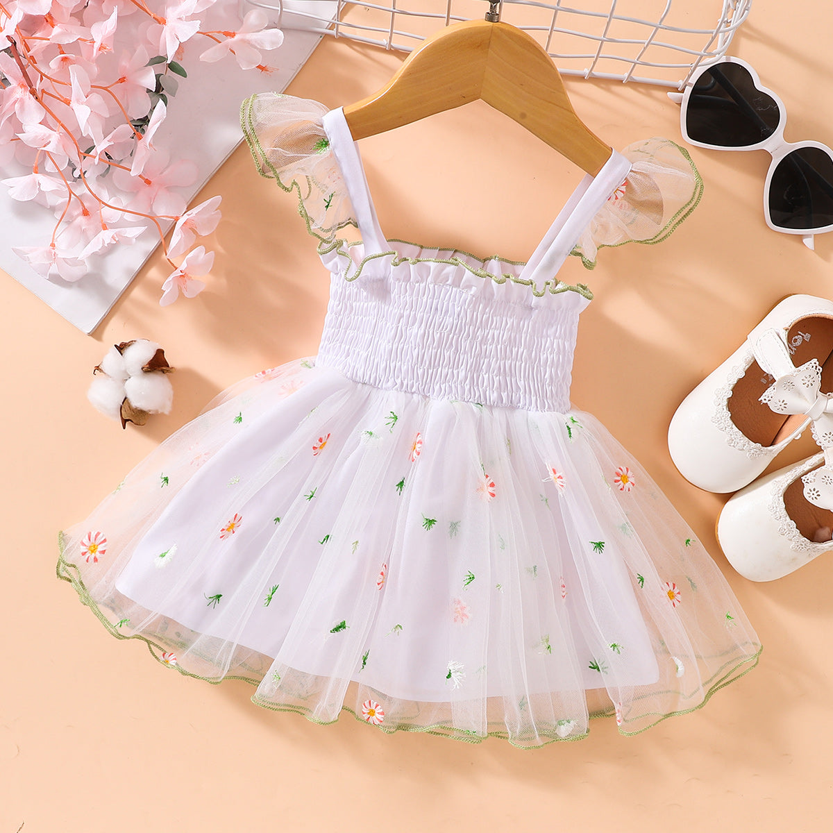 Embroidered Square Neck Smocked Dress