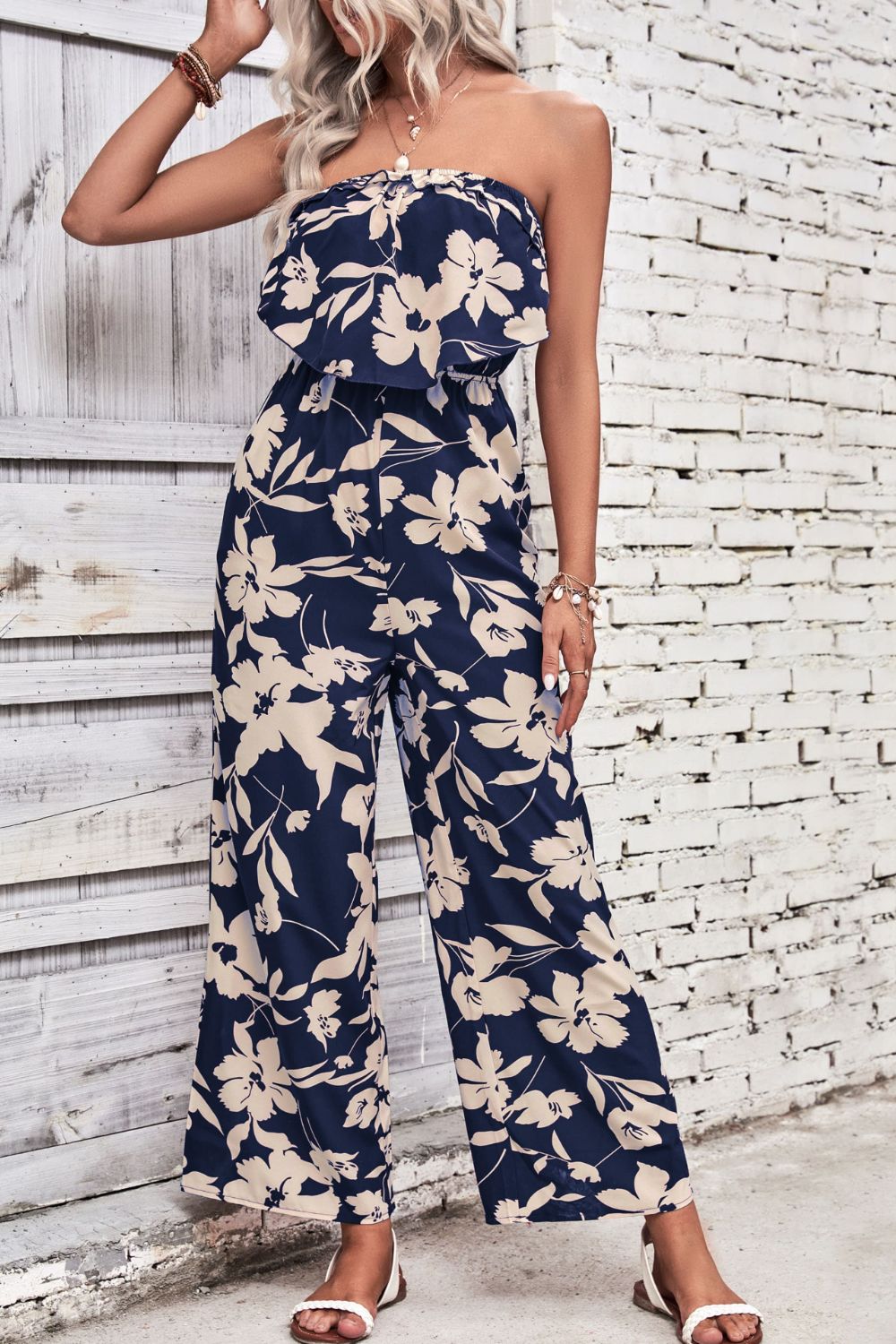“The There She Goes” Floral Strapless Wide Leg Jumpsuit