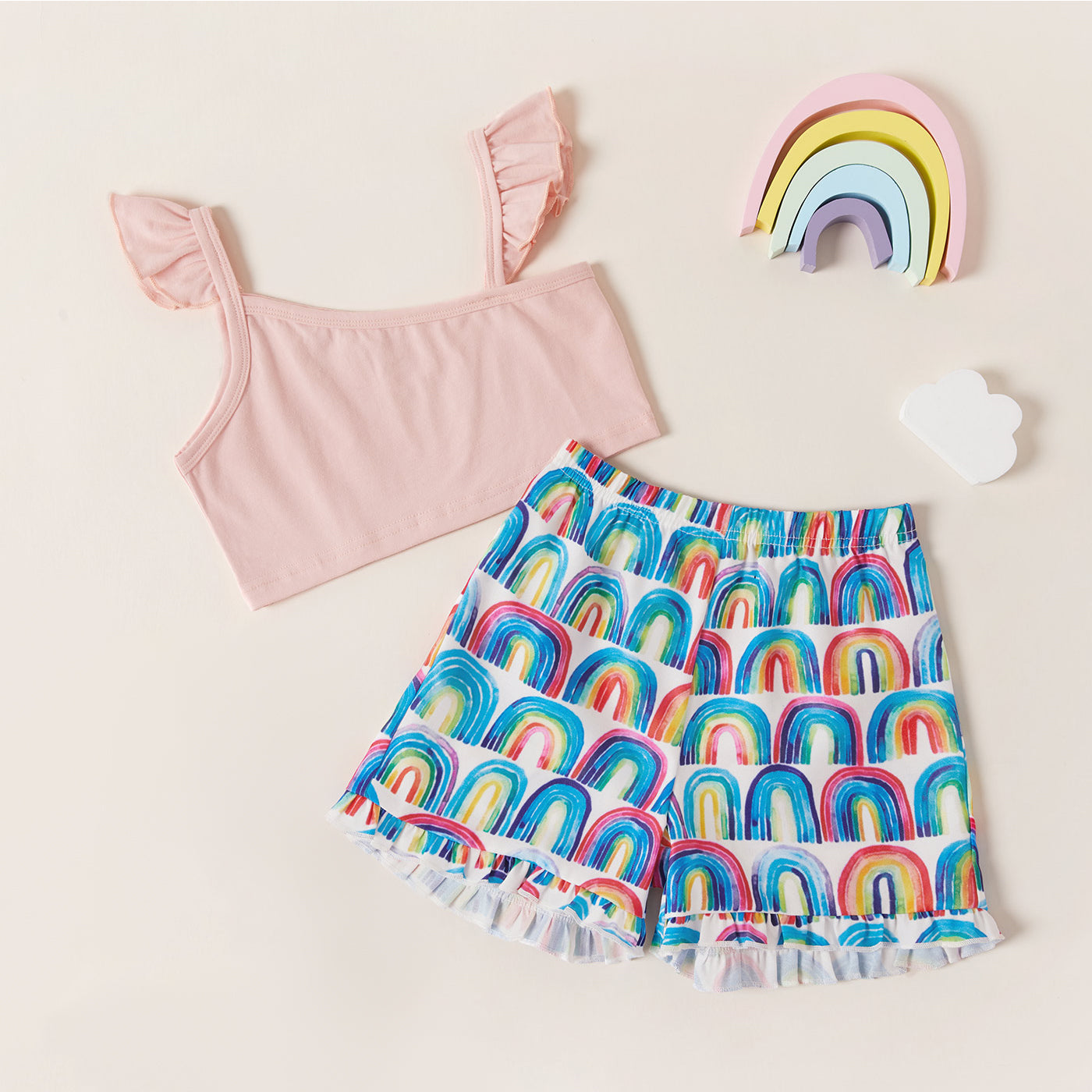 Brickie Girl: “The Somewhere Over The Rainbow” Asymmetrical Neck Top and Rainbow Print Shorts Set