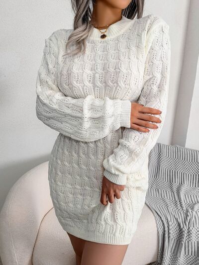 “The Sephra” Cable-Knit Round Neck Mini Wrap Sweater Dress