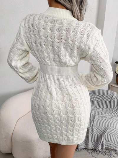 “The Sephra” Cable-Knit Round Neck Mini Wrap Sweater Dress