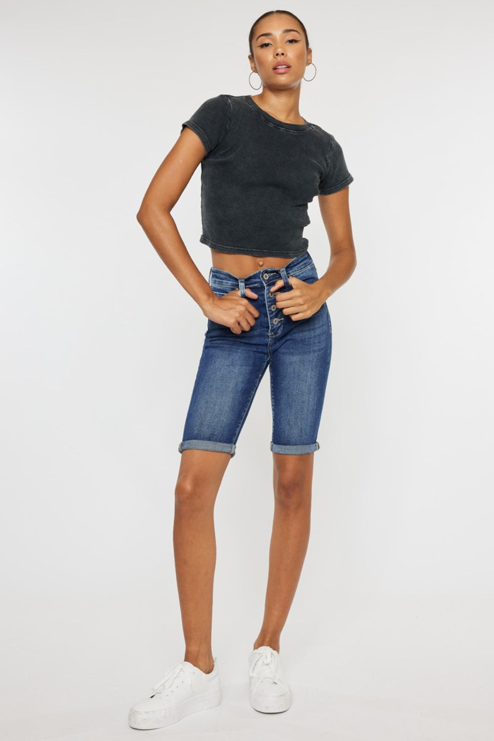 “The Oasis Palms” Full Size Cat's Whiskers Button Fly Denim Shorts