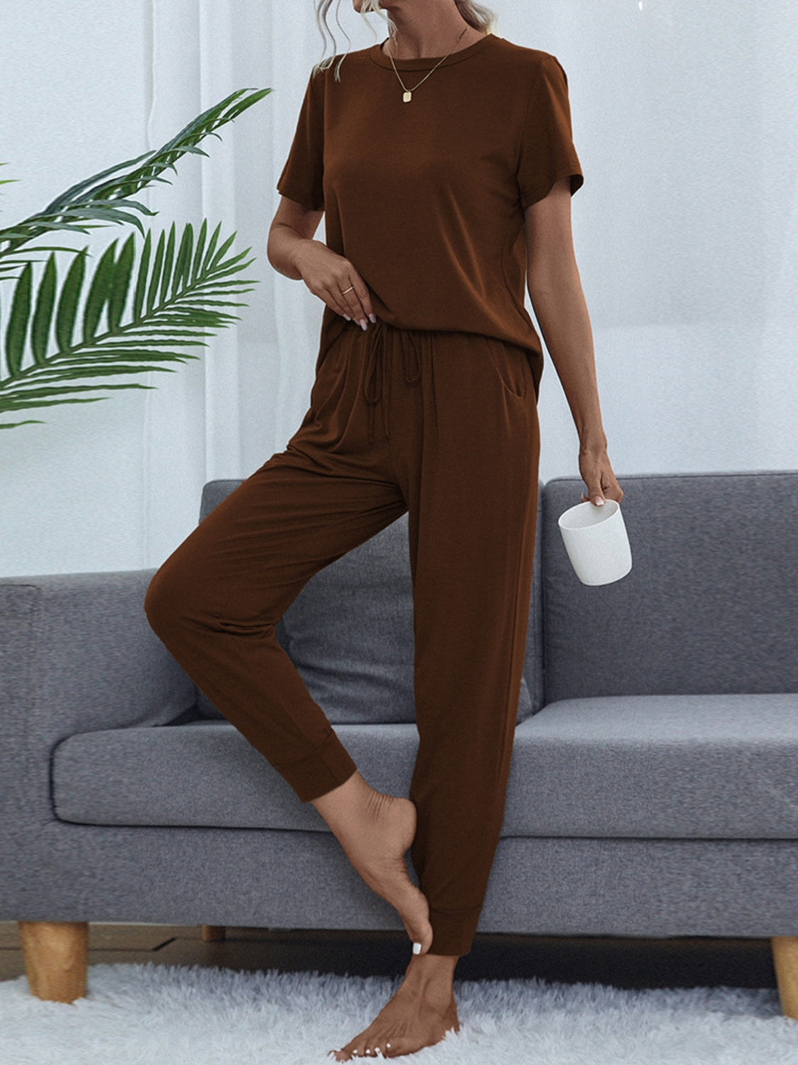 “The Lets Chill” Round Neck Top and Pants Lounge Set