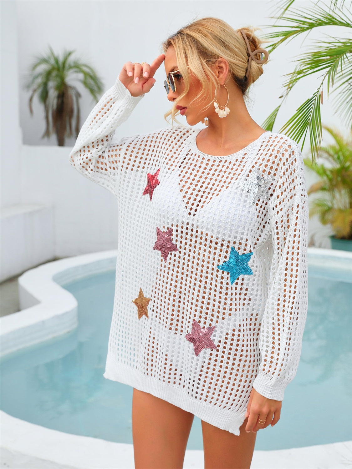 “The Beach Star” Sequin Star Round Neck Long Sleeve Cover Up