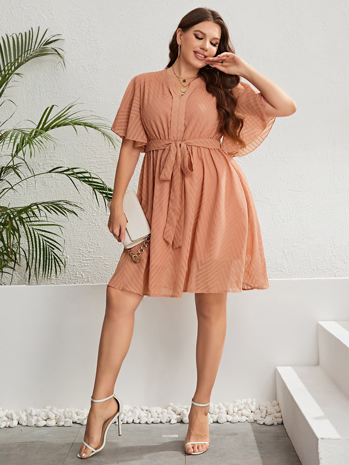 “The Blushed Beauty” Plus Size Tie Waist Notched Neck Flutter Sleeve Dress