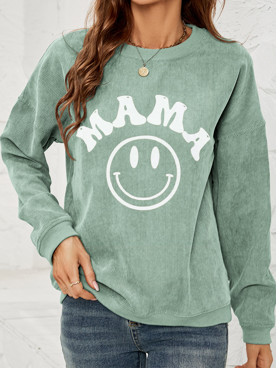 “The Happy MaMa” Round Neck Long Sleeve MAMA Graphic Sweatshirt