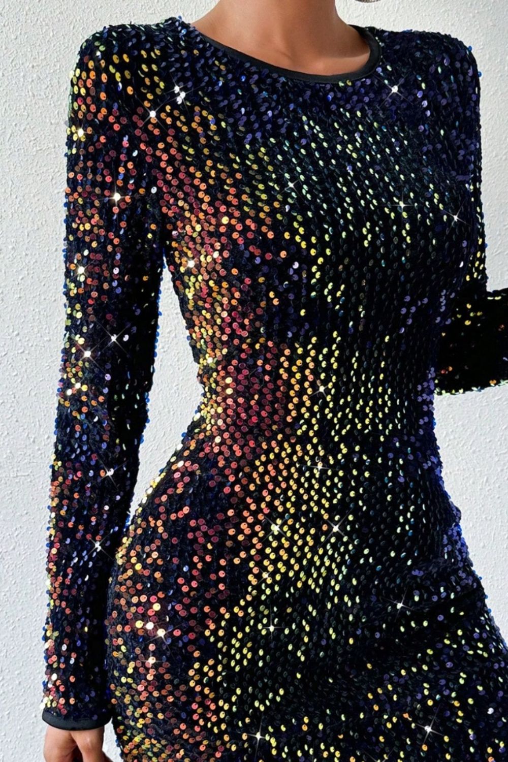 “The Trek” Sequin Round Neck Long Sleeve Mini Dress