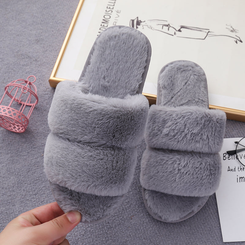 Faux Fur Double Strap Slippers