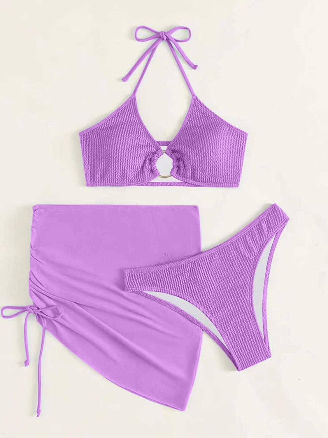 “The Too Ruched” Tied Halter Neck Three-Piece Swim Set