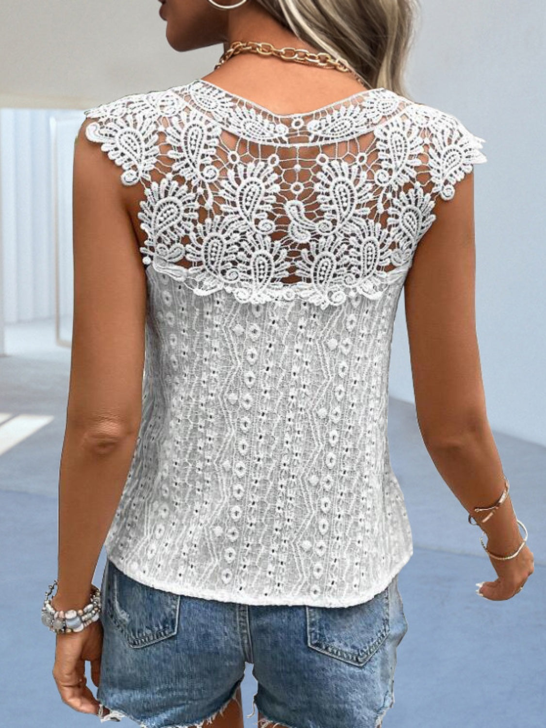 “The Great Lace” Cutout Lace Detail Notched Blouse