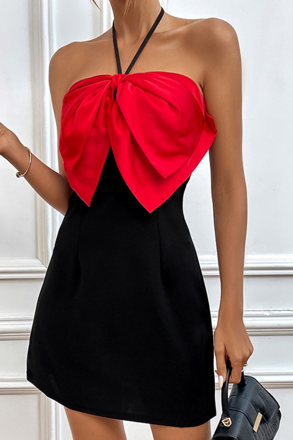 “The Red Tie Affair” Contrast Halter Neck Mini Dress