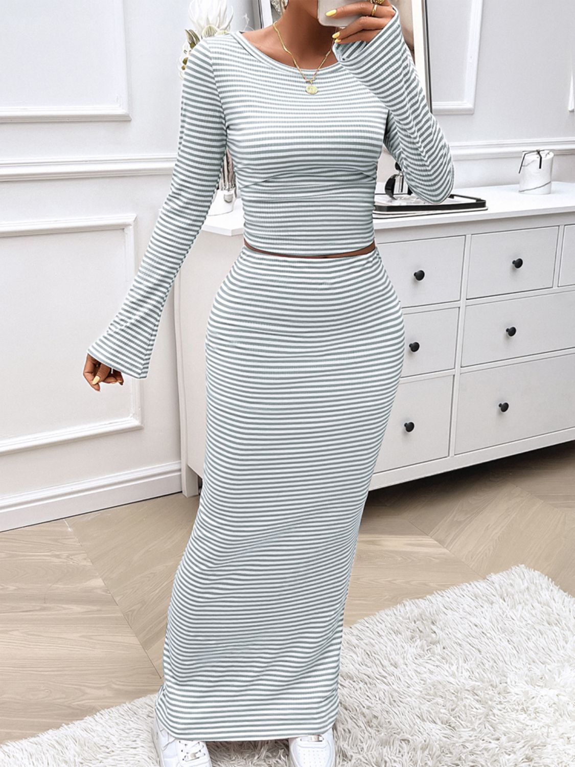 “The Hidden Skill” Striped Boat Neck Top and Skirt Set