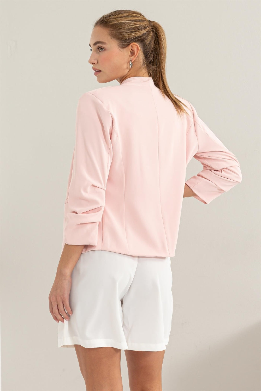 “The Starter” Open Front Ruched Sleeve Blazer