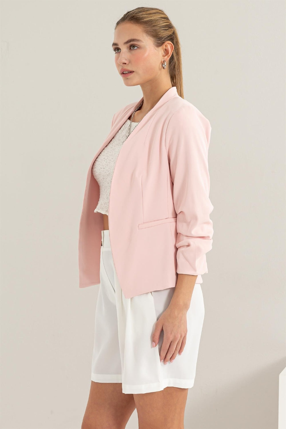 “The Starter” Open Front Ruched Sleeve Blazer