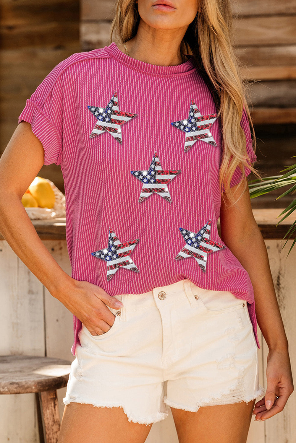 “The Lone Star” Exposed Seam Star Round Neck Short Sleeve Top