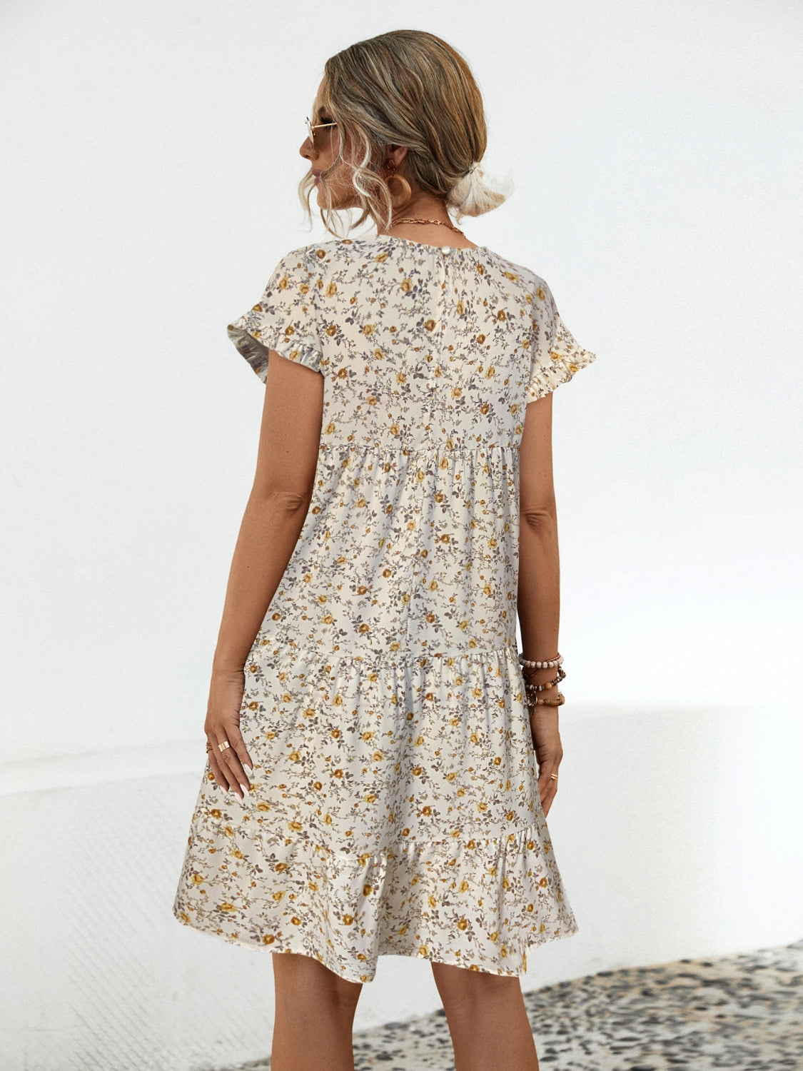 “The Flower Frill” Floral Round Neck Short Sleeve Tiered Dress