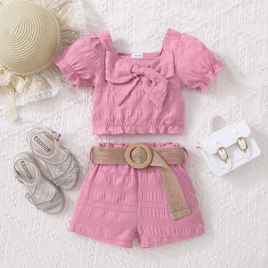 “The ViVi” Kids Textured Bow Detail Top and Belted Shorts Set