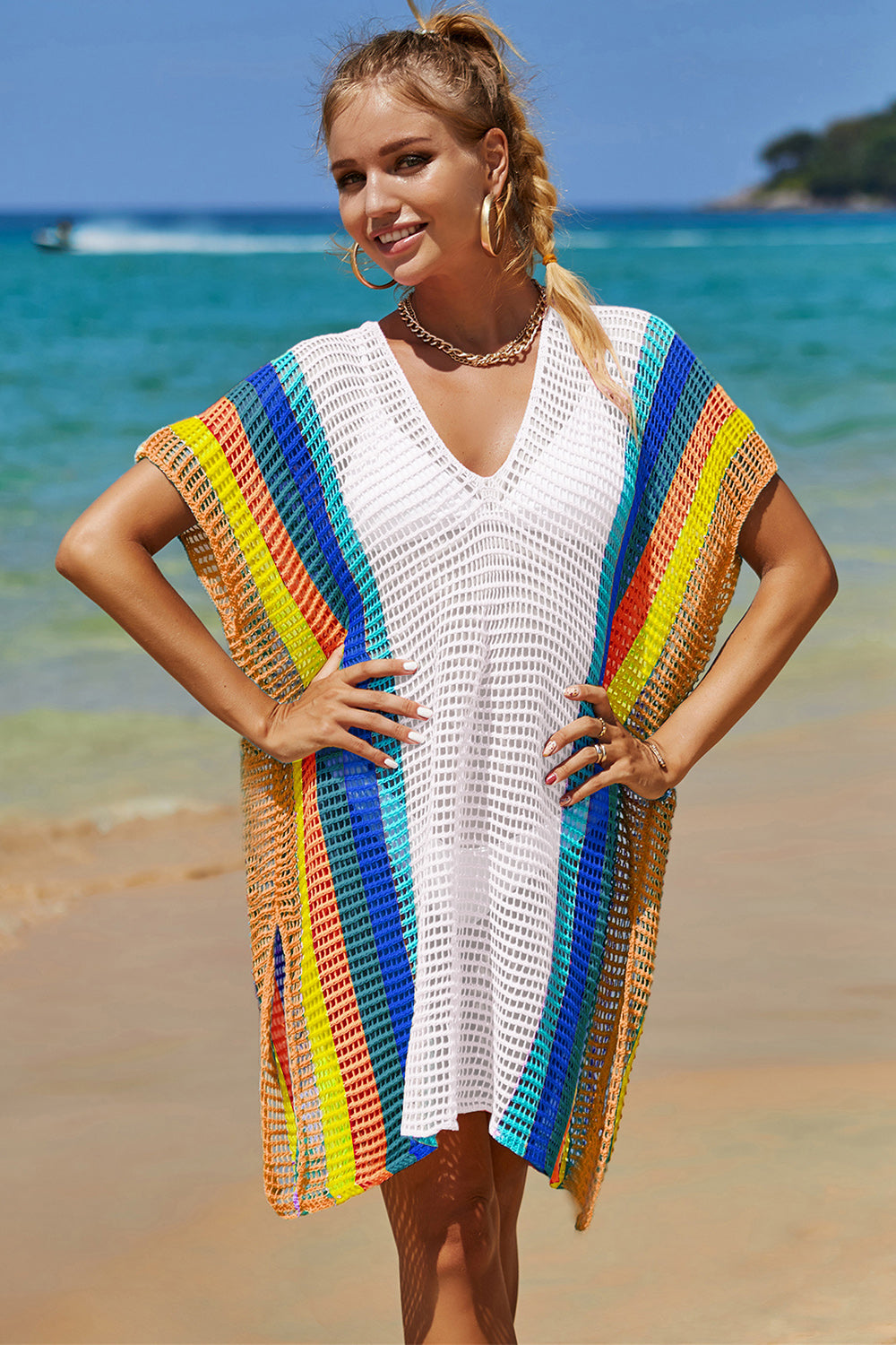 “The Cutie” Openwork Striped Slit Knit Cover Up