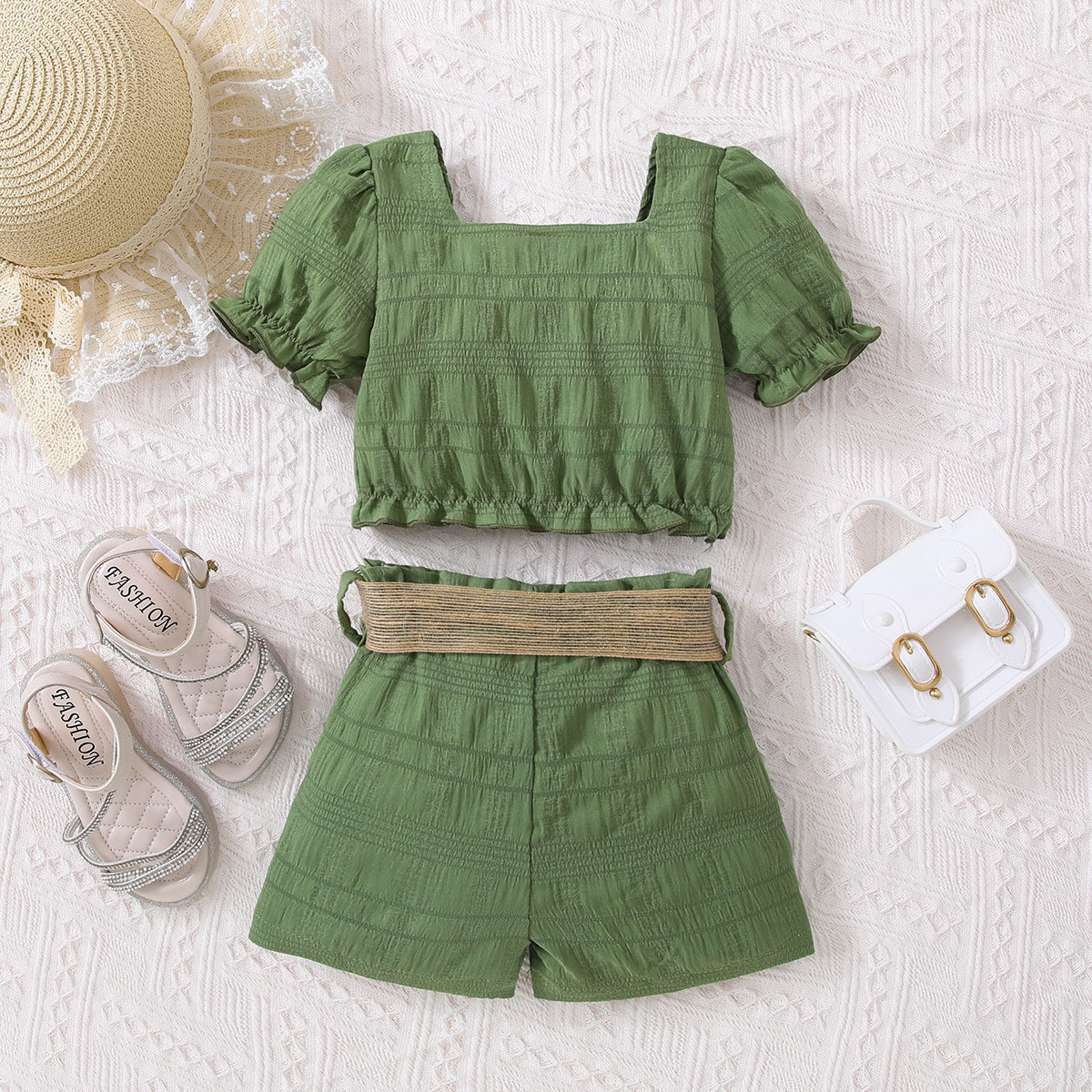 “The ViVi” Kids Textured Bow Detail Top and Belted Shorts Set