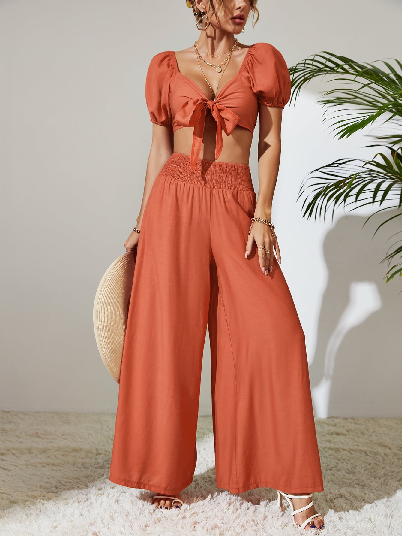 “The I forgot about It”￼Tie Front Cropped Top and Smocked Wide Leg Pants Set