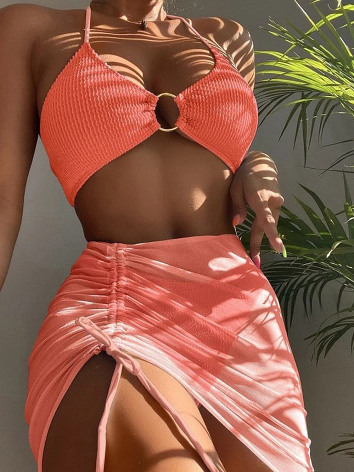 “The Too Ruched” Tied Halter Neck Three-Piece Swim Set