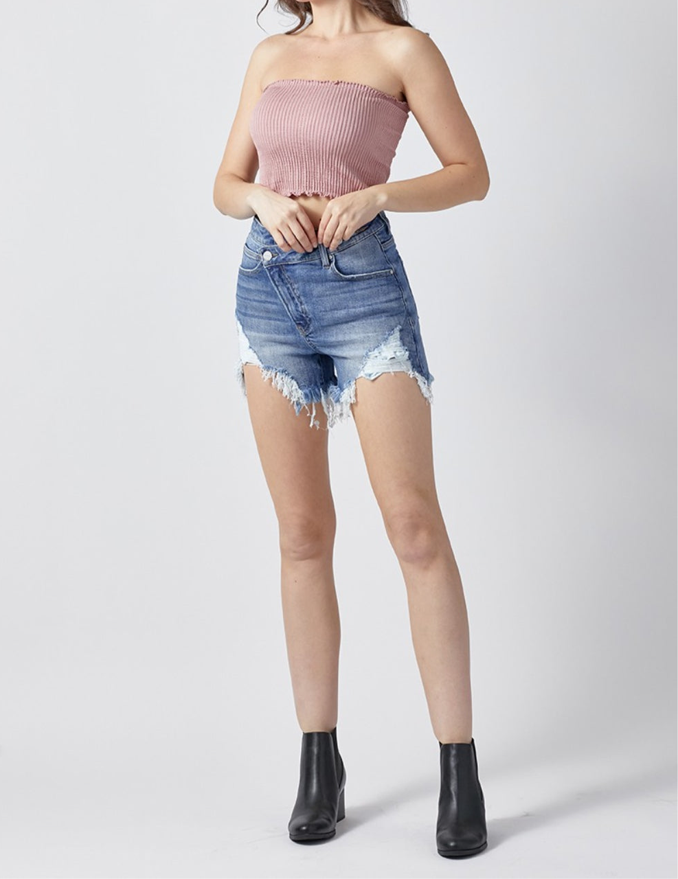 “The Riz”Raw Hem Asymmetrical Waist Denim Shorts