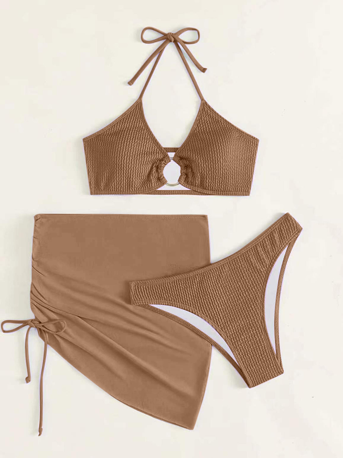 “The Too Ruched” Tied Halter Neck Three-Piece Swim Set