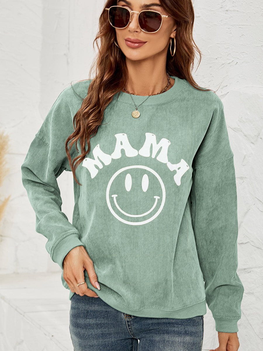 “The Happy MaMa” Round Neck Long Sleeve MAMA Graphic Sweatshirt