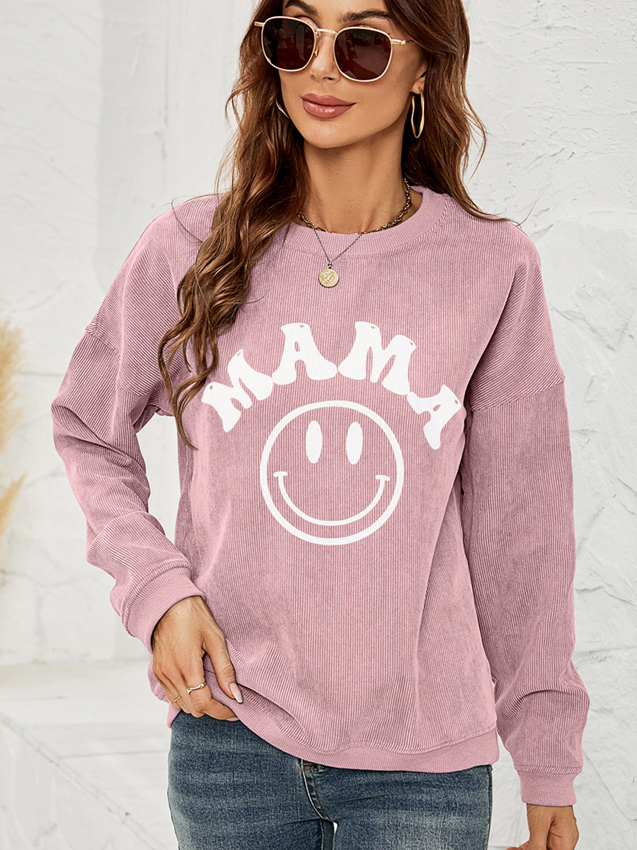 “The Happy MaMa” Round Neck Long Sleeve MAMA Graphic Sweatshirt