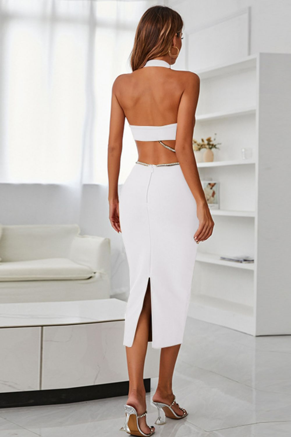 “The Remi” Rhinestone Halter Neck Cutout Slit Midi Dress