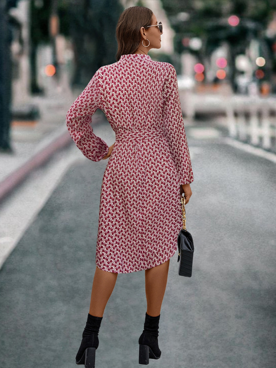 “The Standoff” Printed Notched Tie Front Long Sleeve Dress