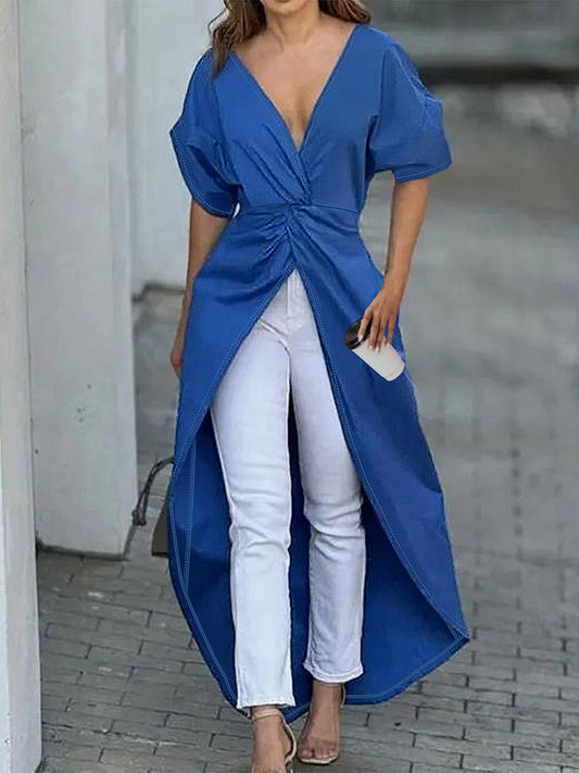 “The Blue Babe” Twisted High-Low Short Sleeve Blouse