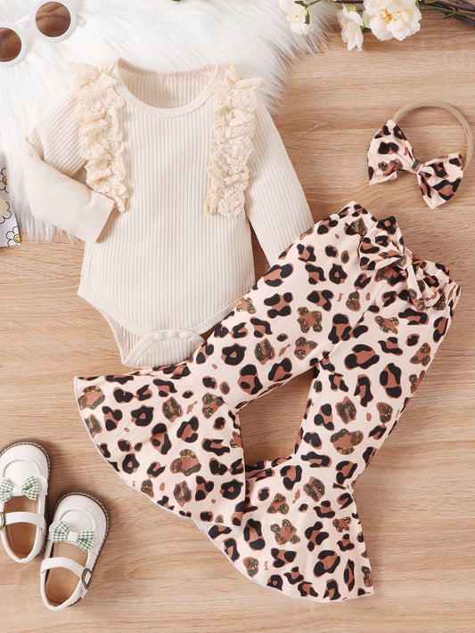 “The Auvi” Lace Detail Round Neck Bodysuit and Bow Pants Set