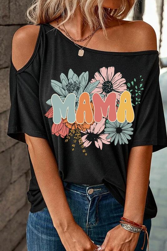 “The Flower MAMA” One Shoulder Half Sleeve T-Shirt