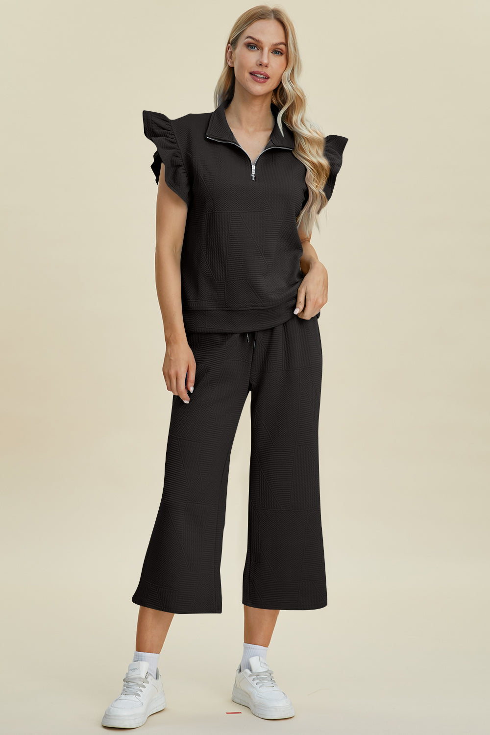 “The Ruffle Gang” Full Size Texture Ruffle Short Sleeve Top and Wide Leg Pants Set