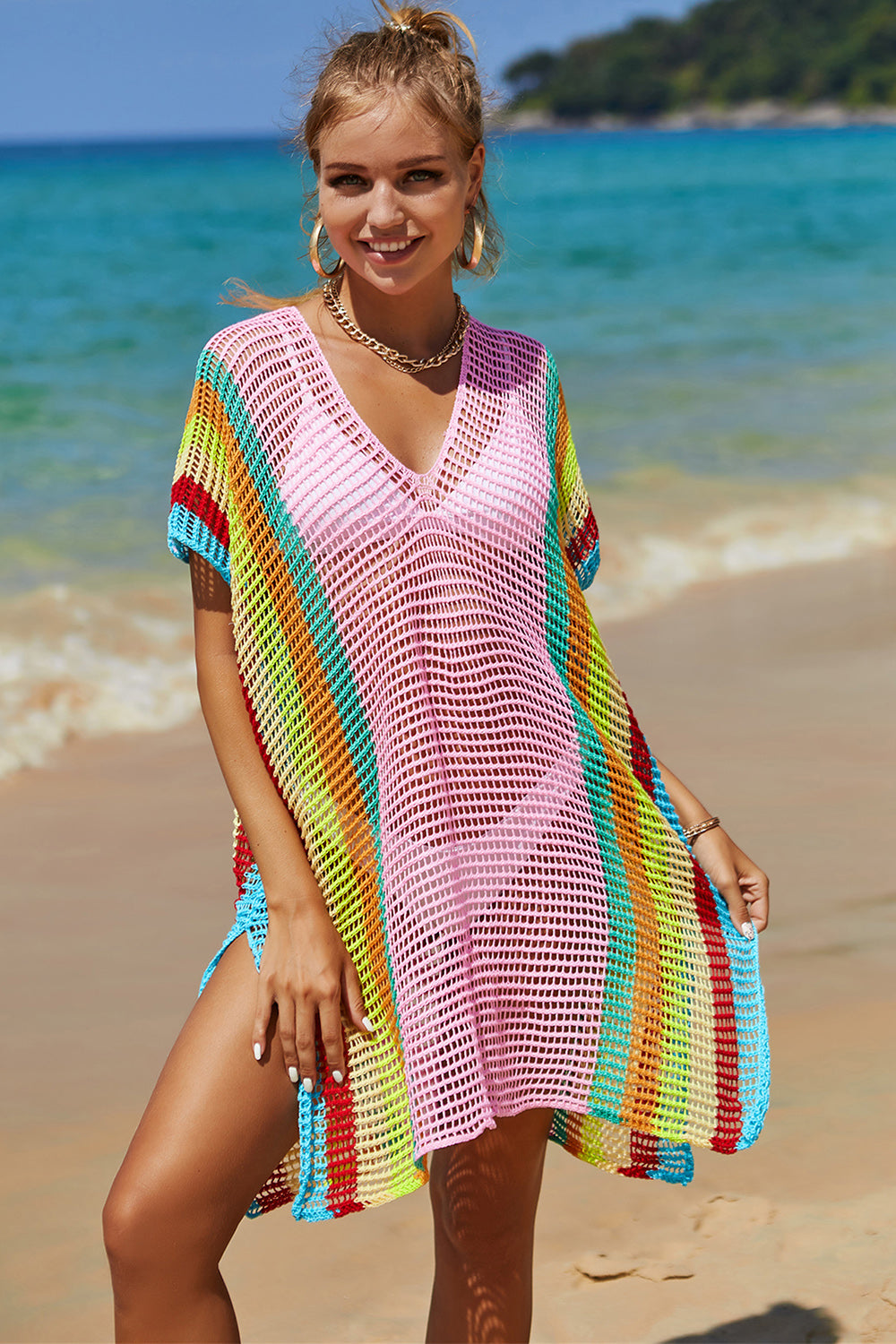 “The Cutie” Openwork Striped Slit Knit Cover Up