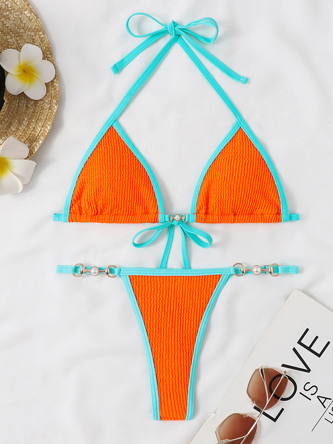 “The Dizzy” Textured Contrast Halter Neck Two-Piece Bikini Set