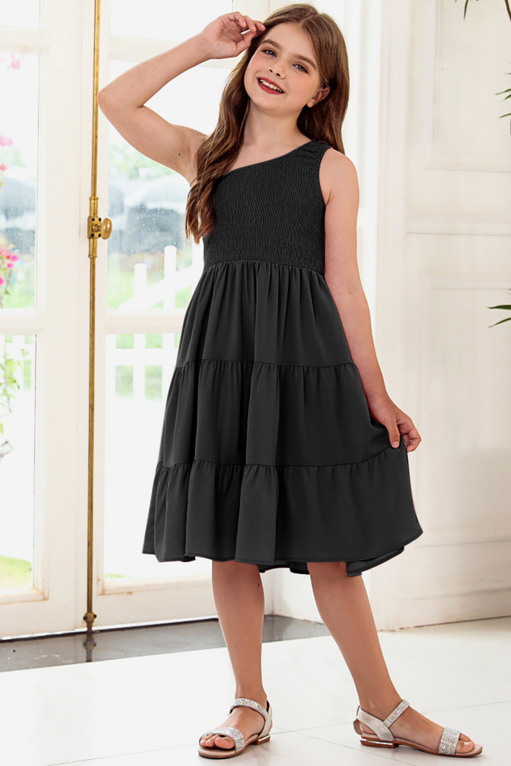 “The Kiddie Tea Time” One-Shoulder Sleeveless Tiered Dress