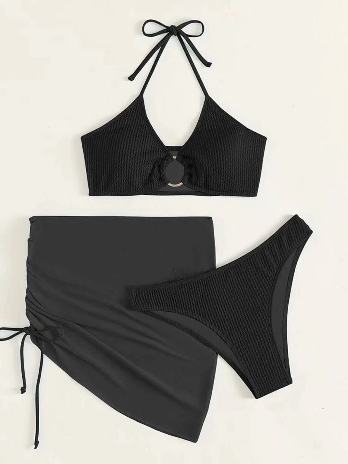 “The Too Ruched” Tied Halter Neck Three-Piece Swim Set