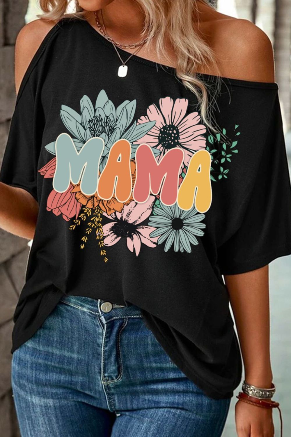 “The Flower MAMA” One Shoulder Half Sleeve T-Shirt