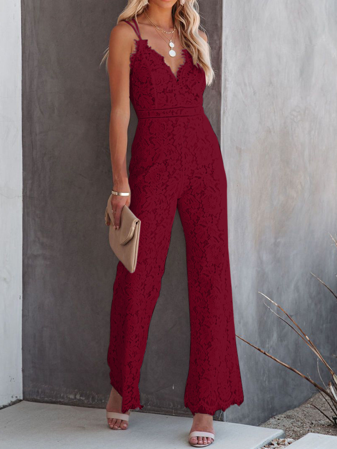 “The Detailed Deliberation” Lace V-Neck Spaghetti Strap Jumpsuit