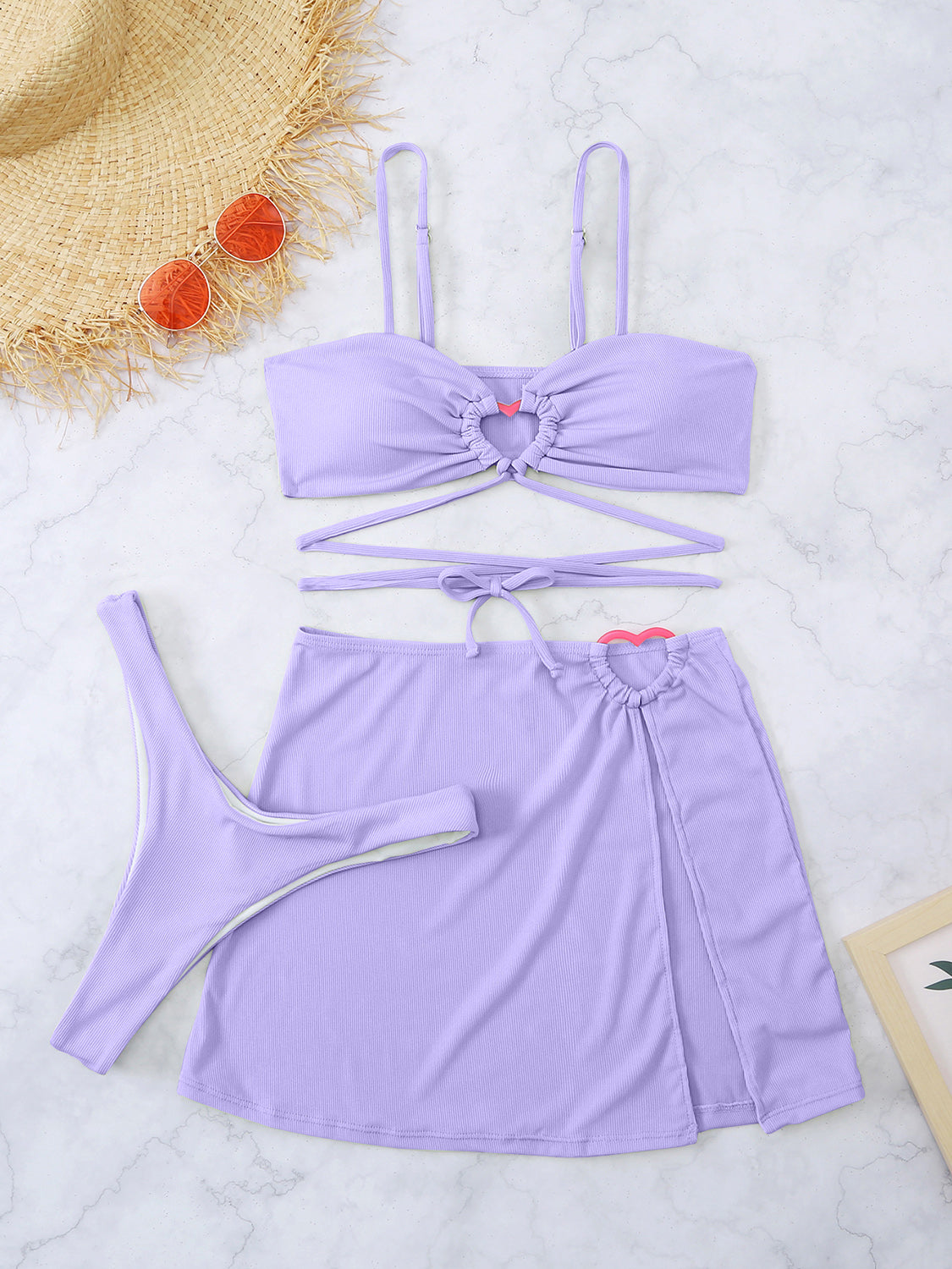 “The Heartfelt Swim” Cutout Spaghetti Strap Three-Piece Swim Set