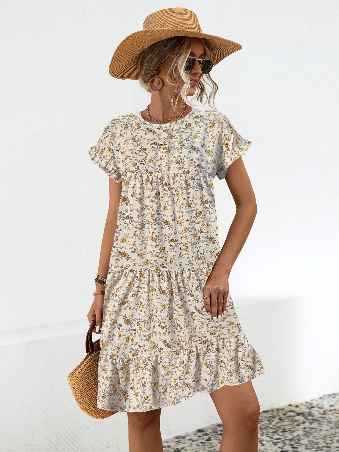 “The Flower Frill” Floral Round Neck Short Sleeve Tiered Dress